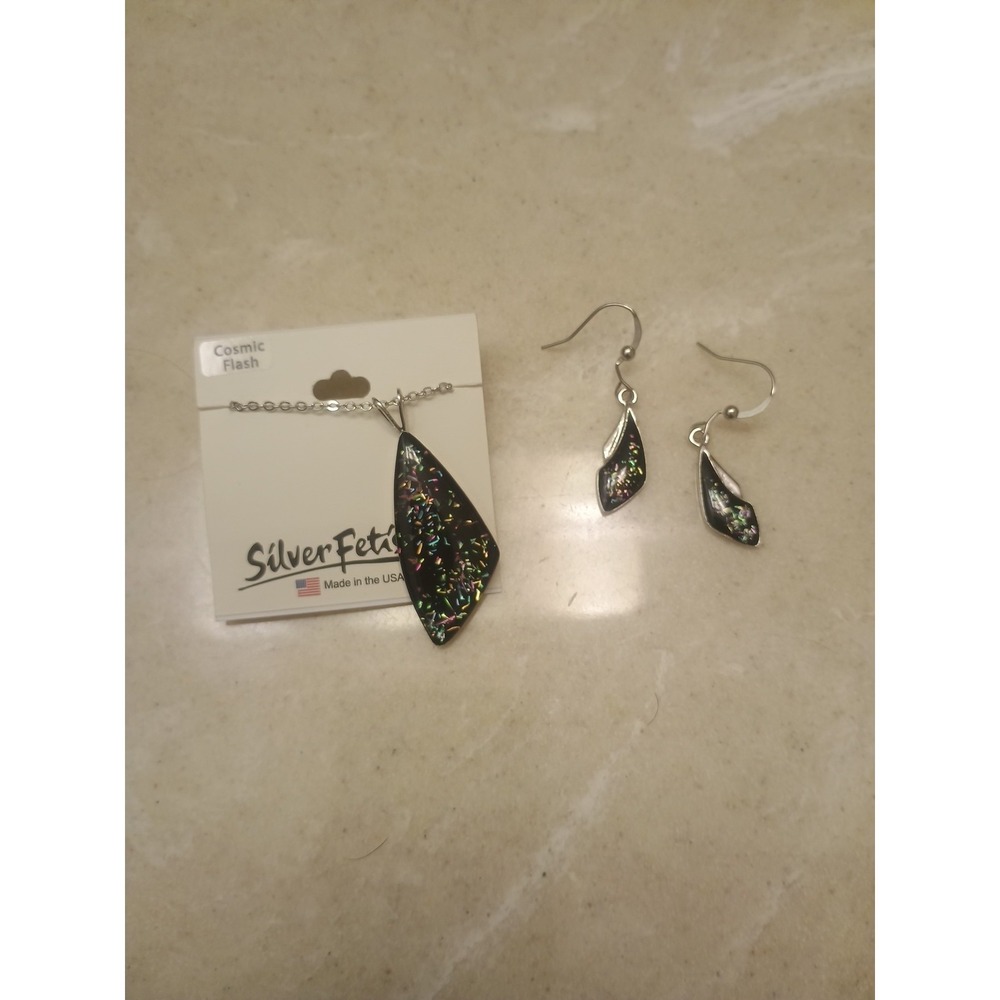 Matching Necklace And Earring Set  Features Black Pendant With Splashs Of Color